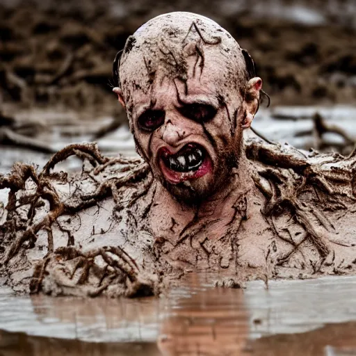 Prompt: 8 k photo of a horror villain stuck in mud, he is sad that his dark clothes are muddy.