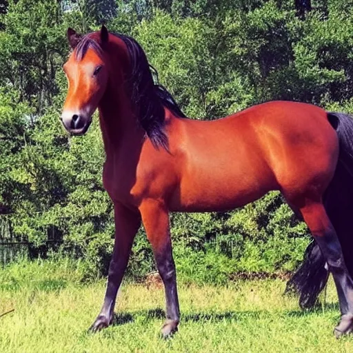 Prompt: a big ol' normal looking horse, regular horse, nothing weird happening, it's just a cool horse doing horse things and loving being a horse