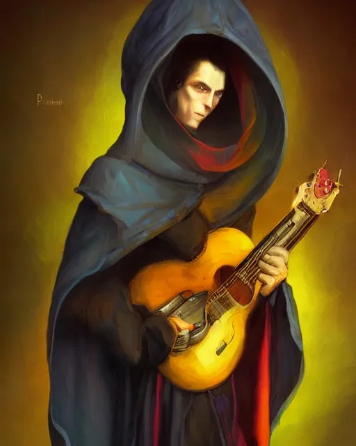 Image similar to colorful baroque portrait of a shadowy man wearing a hooded cloak, playing a guitar, gallery art by peter mohrbacher, artstation, artgate