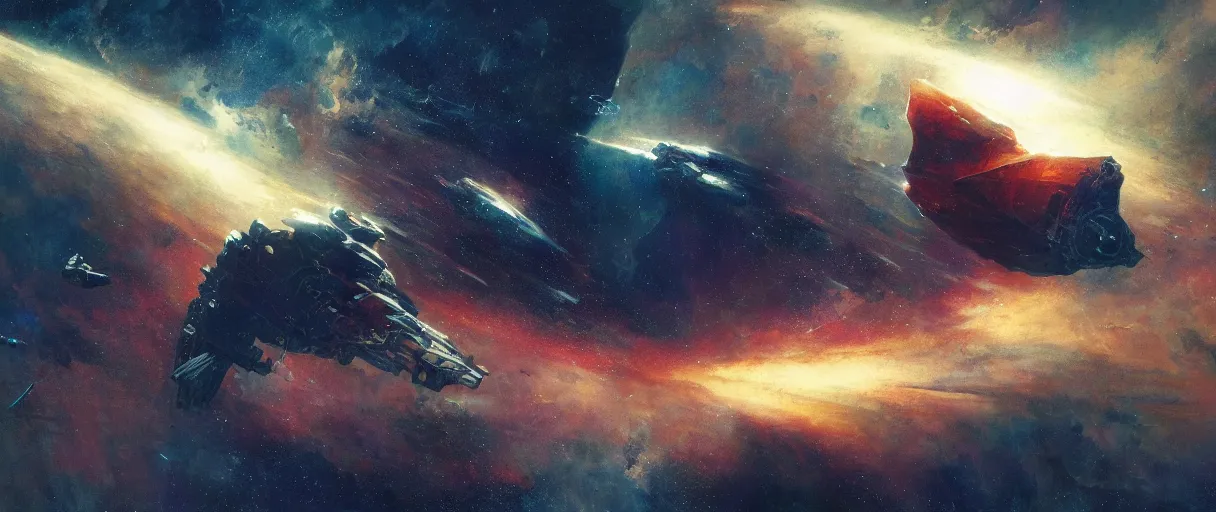 Image similar to concept art, exploration spaceship drifting in space, the expanse tv series, industrial design, immensity, alone in a nebula cloud, space debris, cinematic lighting, 4k, widescreen ratio, by sparth, beksinski