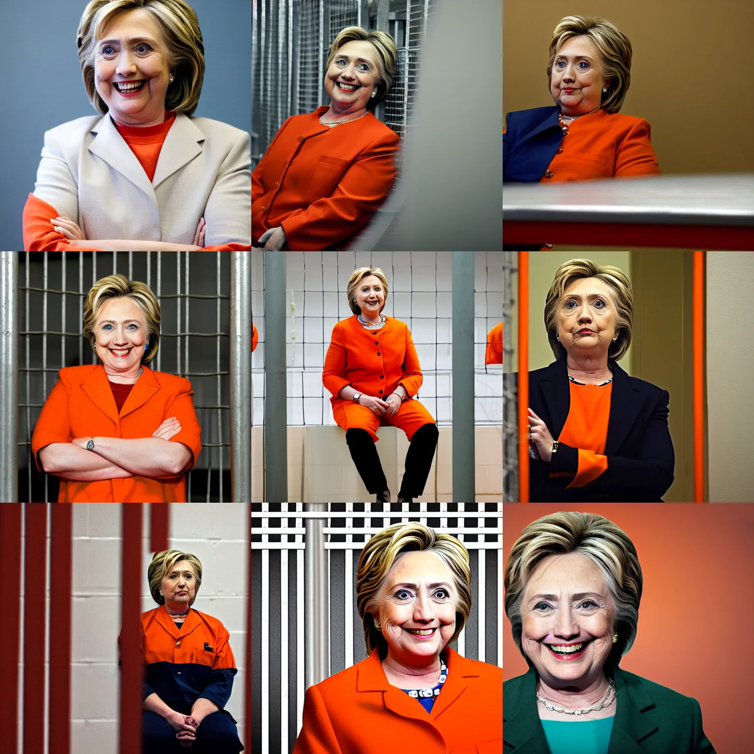 Prompt: photo, hillary clinton sitting in a jail cell behind bars, dressed in orange inmate attire, award winning, 5 0 mm, blurred background,