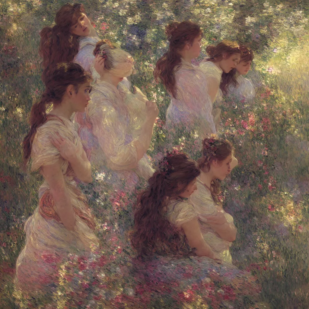 Prompt: illustration studio portrait of three beautiful girl in an artistic pose resting in nature, monet painterly motives and textures pattern, hyper detailed, octane render, vivid colors, artstation, by jeremy mann, by alphonse mucha, by monet