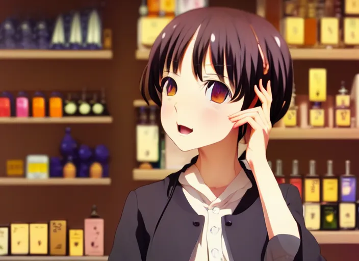 Image similar to anime visual, portrait of a young female traveler in a alchemist's potion shop interior shopping, cute face by ilya kuvshinov, yoshinari yoh, makoto shinkai, katsura masakazu, dynamic perspective pose, detailed facial features, kyoani, rounded eyes, crisp and sharp, cel shad, anime poster, ambient light