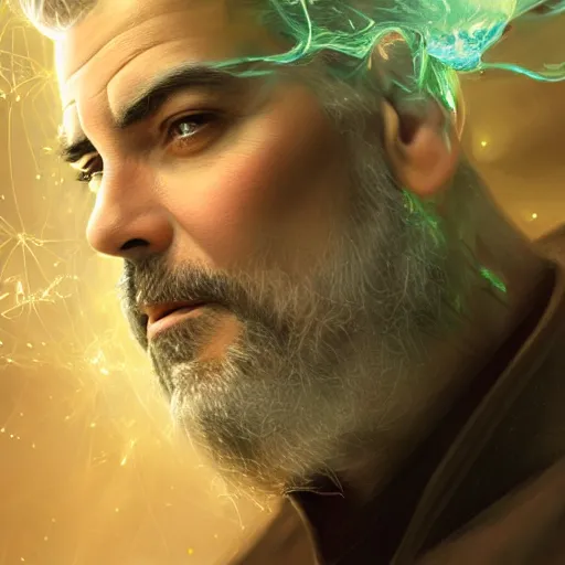 Prompt: face closeup of george clooney, ayppqrstu, of magical fairy flowers and ice velvet, diamonds, angels, 3 d render, hyper - realistic detailed portrait, holding fire and electricity rainbow, ruan jia, wlop. scifi, fantasy, magic the gathering, hyper detailed, octane render, concept art, peter mohrbacher