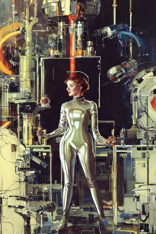 Image similar to pulp scifi fantasy illustration full body portrait of elegant woman wearing latex spacesuit in laboratory, by norman rockwell, jack kirby, bergey, craig mullins, ruan jia, jeremy mann, tom lovell