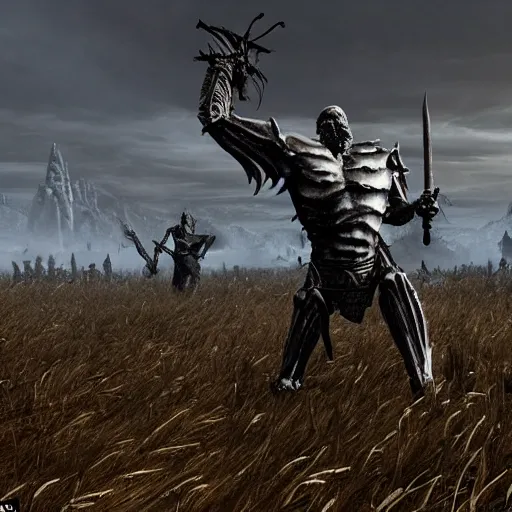 Image similar to A giant from skyrim fights an army of skeletons in an open field, with the kingdom in the background, detailed, elegant, intricate, conceptual, volumetric light,