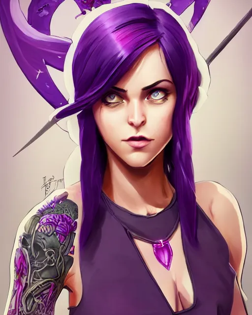 Image similar to beautiful female purple hair with dagger tattoo symmetrical face eyes full length fantasy art apex fortnite Video game icon, 2d game art gta5 cover , official fanart behance hd artstation by Jesper Ejsing, by RHADS, Makoto Shinkai and Lois van baarle, ilya kuvshinov, rossdraws