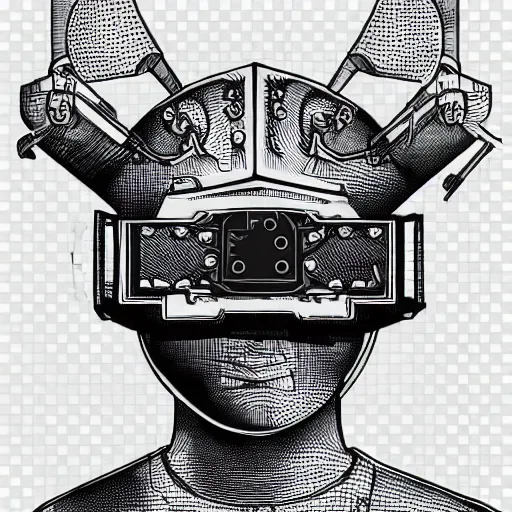 Image similar to a patent drawing of an intricate detailed vr headset from the future in the shape of a medieval knight helmet, extremely detailed alien technology vr!!! headset, with arrows and side angels