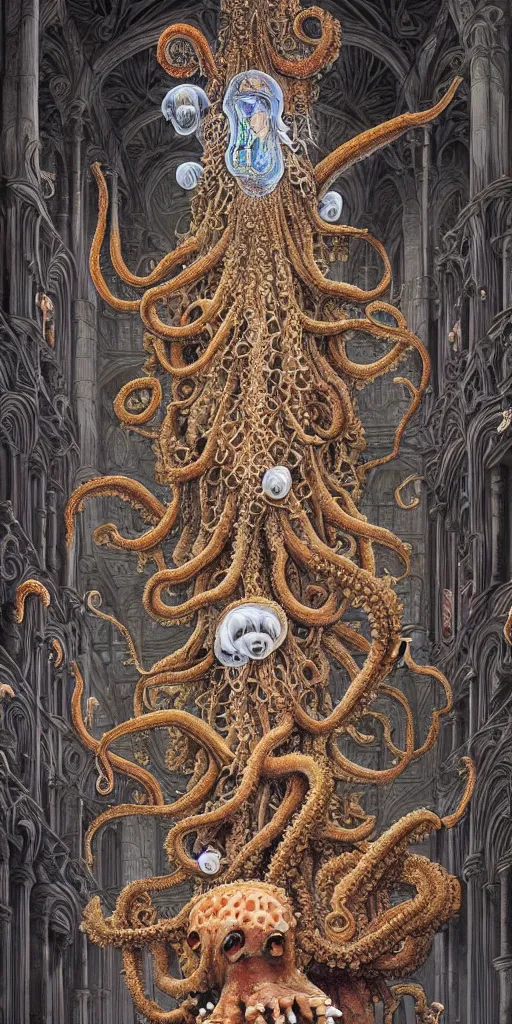 Prompt: group of mankind mages with octopus heads with jellyfish inside an ancient mage castle hall colossal scale, gothic and baroque, brutalist architecture, ultradetailed, Intricate by James Jean and Josan Gonzalez and John Howe and Giuseppe Arcimboldo