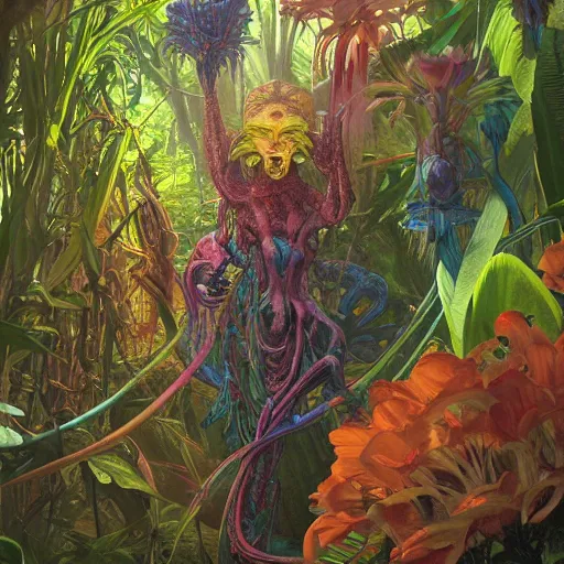 Prompt: vibrant coloured flowers growing in a tropical jungle, inspired by HR giger and Lovecraft, veins, dim soft light, intricate, highly detailed, digital painting, artstation, concept art, sharp focus, illustration, art by greg rutkowski and alphonse mucha