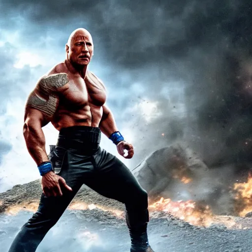 Image similar to film still of Dwayne the Rock Johnson fighting in avengers endgame