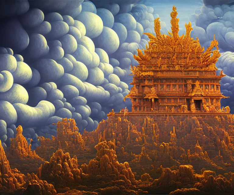 Image similar to hyper detailed 3d render like a Oil painting - ornate temple of the sun, dramatic sky in background, radiant, by Jacek Yerka, Mariusz Lewandowski, Houdini algorithmic generative render, Abstract brush strokes, Masterpiece, Edward Hopper and James Gilleard, Zdzislaw Beksinski, Mark Ryden, Wolfgang Lettl, hints of Yayoi Kasuma, octane render, 8k