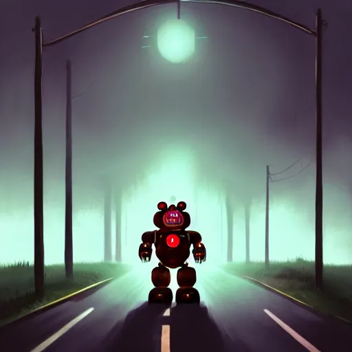 Prompt: a giant freddy fazbear robot animatronic bear in the middle of a foggy street, award - winning art by simon stalenhag, trending on artstation