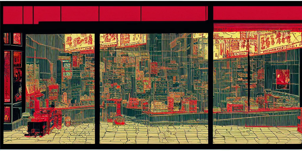 Image similar to through the window is a shop window in hong kong, by dan mumford and peter doig and edward hopper, minimal, black ink, thick lines, minimal highly detailed, muted colours, overlaid with chinese adverts, 8 k