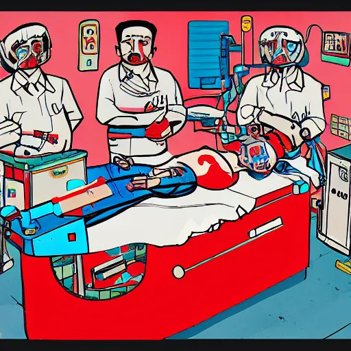 Prompt: chinese surgery operating table, in the style of daniel johnston and simon stålenhag and outsider art, 8k, line brush, overlaid with chinese adverts