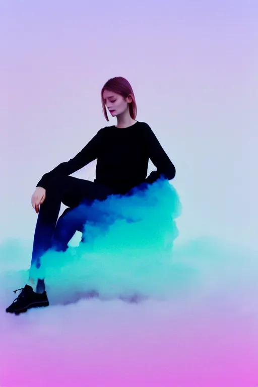 Image similar to high quality pastel coloured film photograph of a model wearing black clothing resting on cloud furniture clouds in a haze filled dreamstate world. three point light, rainbow. photographic production. art directed. pastel colours. volumetric clouds. pastel gradient overlay. waves glitch artefacts. 8 k. filmic.