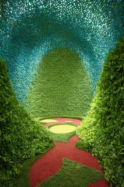 Prompt: colorful James Turrell interiors , overgrown by kudzu vines