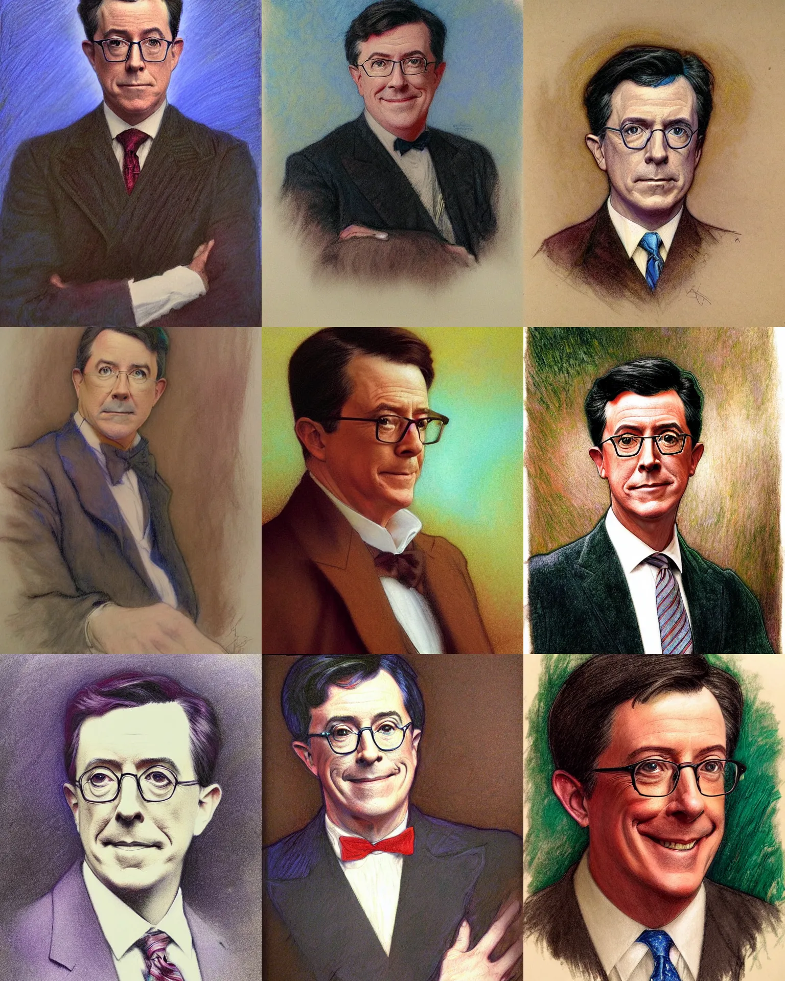 Prompt: colored chalk underdrawing linework portrait of steven colbert!!!! raised by donato giancola, thomas moran, edmund dulac, fans hals, alphonse mucha, fashion photography, fully clothed