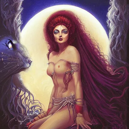 Image similar to portrait of princess of the dreamlands and moon beast, beautiful! coherent! by brom, deep colors, strong lines, high contrast