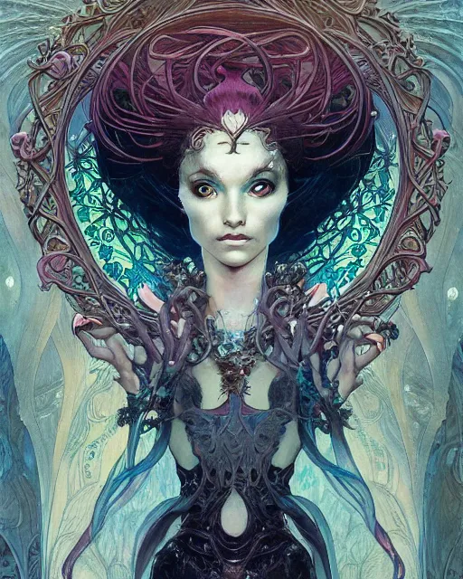 Image similar to centered portrait of a angry rotten beautiful female growing ornamentation all around, ornate, ornaments, detailed, symmetrical, end of the world, elegant, beautifully soft lit, by wayne barlowe, peter mohrbacher, kelly mckernan, alphonse mucha