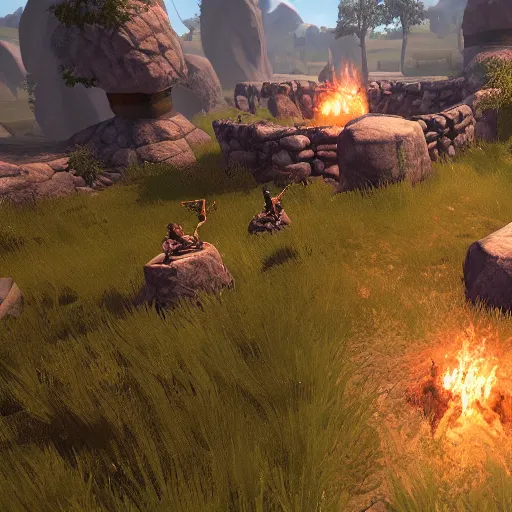 Prompt: a screenshot from a neolithic themed moba game, volumetrics, rtx graphics, unreal engine