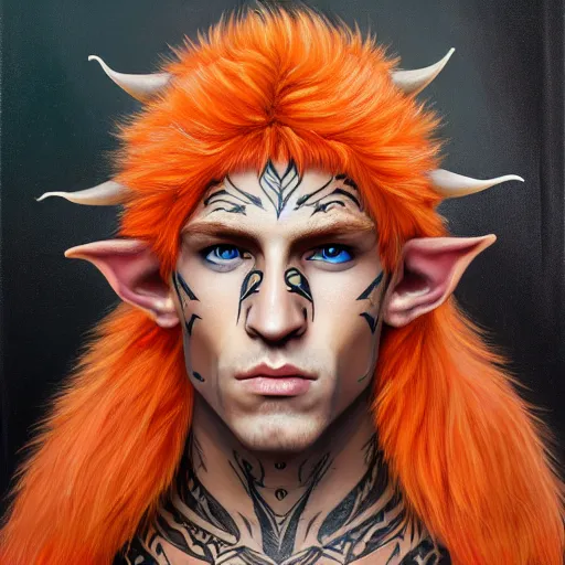 Prompt: portrait painting of an elven young man with short light orange hair and tribal tattoos on his face wearing fur armor, sharp focus, award - winning, trending on artstation, masterpiece, highly detailed, intricate. art by aurore folny