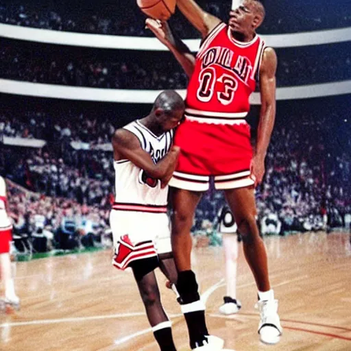 Image similar to jfk dunking on michael jordan. 1990s.