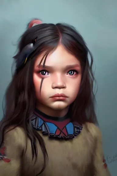 Image similar to little girl character inspired in indigenous and raven, digital art by cushart krenz, highly detailed, anatomically correct, symmetrical