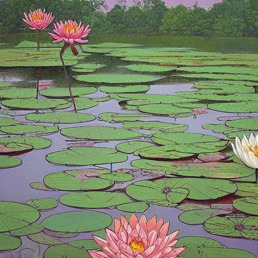 Image similar to a beautiful painting of a waterlily pond by Geof Darrow, Trending on artstation