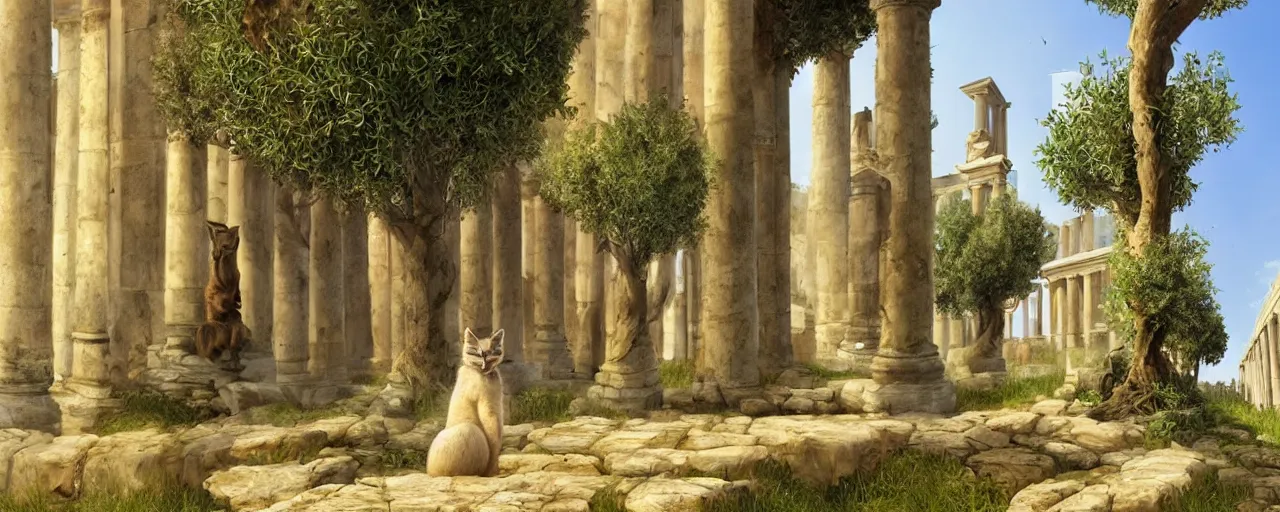 Image similar to cute fluffy caracal wearing toga, in ancient greek town, marble columns, olive trees, sunny, a beautiful landscape by gediminas pranckevicius