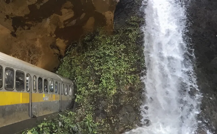 Prompt: subway platform overflown by natural waterfall, surveillance photo