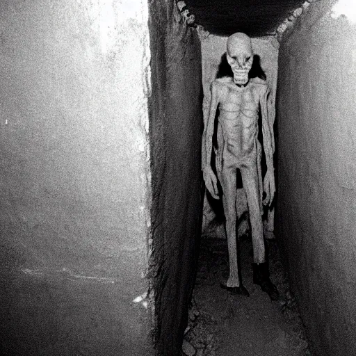 Image similar to creepy, incredibly tall, skinny and pale creature lurking in the catacombs captured on film camera