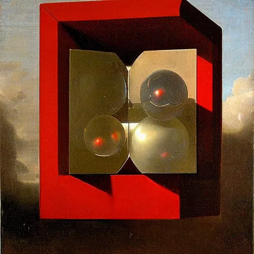 Prompt: chrome spheres on a red cube by aelbert cuyp