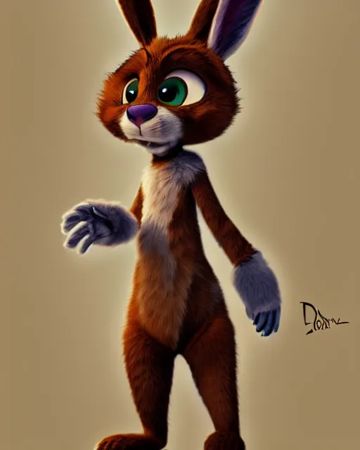 Image similar to digital painting full body of anthropomorphic furry female rabbit, brown fur, in style of zootopia, female fursona, furry, furaffinity, 4 k, deviantart, furry art, fursona art, rabbit fursona, female, cute detailed feminine face,