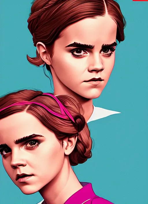 Image similar to poster artwork by Michael Whelan and Tomer Hanuka, Emma Watson and Kiernan Shipka in retro beauty pageant, clean, flat painting, trending on artstation and unreal engine