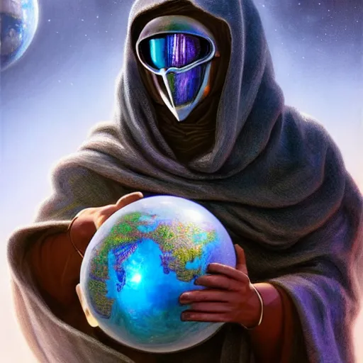 Image similar to masked nomad male wearing a cloak on an alien world and holding a holographic planet projection in his hand, detailed, sci - fi, digital painting, artstation, sharp focus, illustration, ominous, artgerm, tomasz alen kopera, peter mohrbacher, donato giancola, joseph christian leyendecker, wlop, frank frazetta