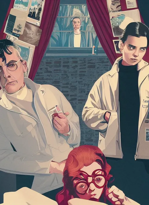 Image similar to poster artwork by Michael Whelan and Tomer Hanuka, Karol Bak of Kiernan Shipka wearing a turtleneck and lab coat meeting Alan Turing outside her apartment, from scene from Twin Peaks, clean