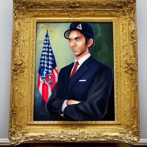 Prompt: president ash ketchum, ash ketchum presidential portrait, oval office painting. official portrait, oil on canvas. realism. retouched face