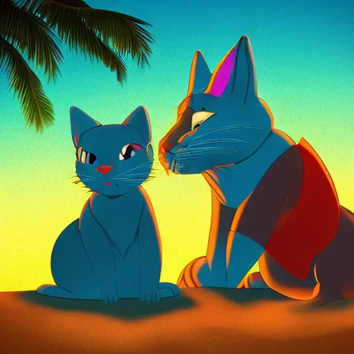 Image similar to blue cat people with green beards, beach, cinematic lighting