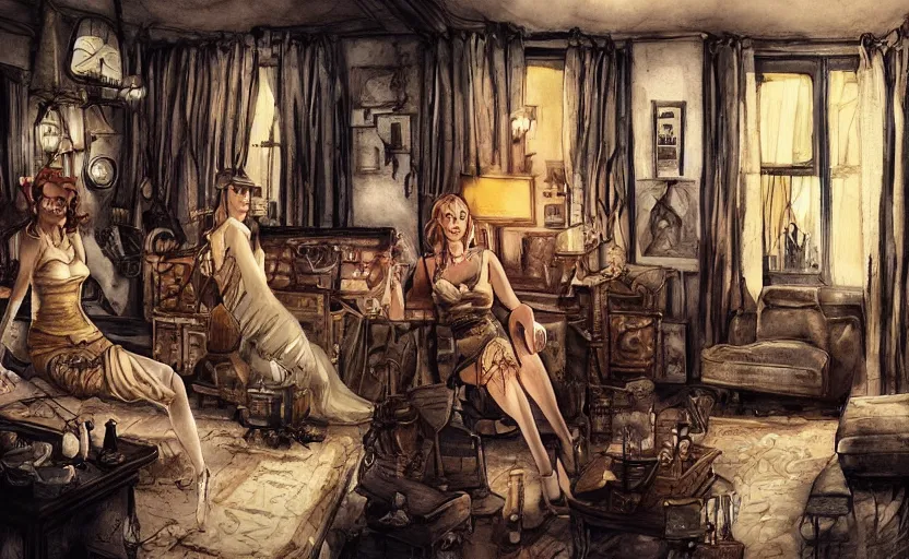 Image similar to women in the interior of a steampunk apartment, Milo Manara, night time, Margot Robbie, Scarlett Johanson, zoey Deschannel, smoking cigarettes, playing board games, highly detailed, pencil and watercolor, Tarantino movie posters, melancholy, level design, concept art, artstation, cgsociety, zenith view