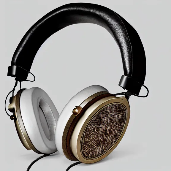 Image similar to masterpiece photo vignetted beautiful hand crafted artistic hyperrealistic clear headphones, flat metal hinges, bismuth metal, electronics see through, plush leather pad, modernist headphones, bismuth beautiful well designed, hyperrealistic, audiophile, intricate hyper detail, extreme high quality, photographic, audeze, sennheiser, raal, bang olufsen, abyssal