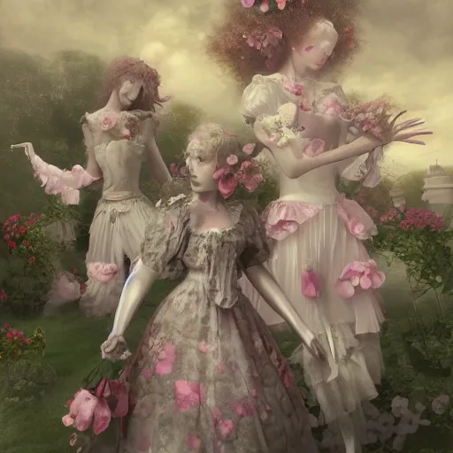 Image similar to 8k, octane render, realism, tonalism, rococo, renaissance, baroque, group of creepy young ladies wearing long harajuku manga dress with flowers and skulls, background chaotic flowers