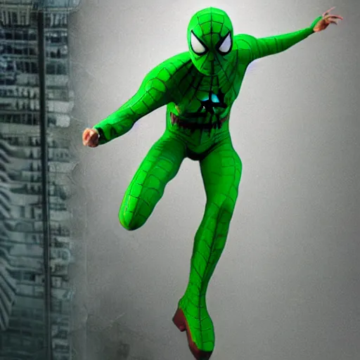 Image similar to green spider - man suit with black web lining, cinematic, volumetric lighting, realistic, hyperdetailed, photorealistic, photograph