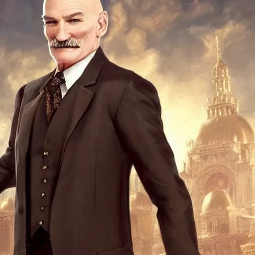 Image similar to older fantasy butler that looks similar to michael kane and patrick stewart, full body portrait, handsome, well groomed mustache, detailed, magic the gathering art style, balding, well dressed, pet rat on shoulder