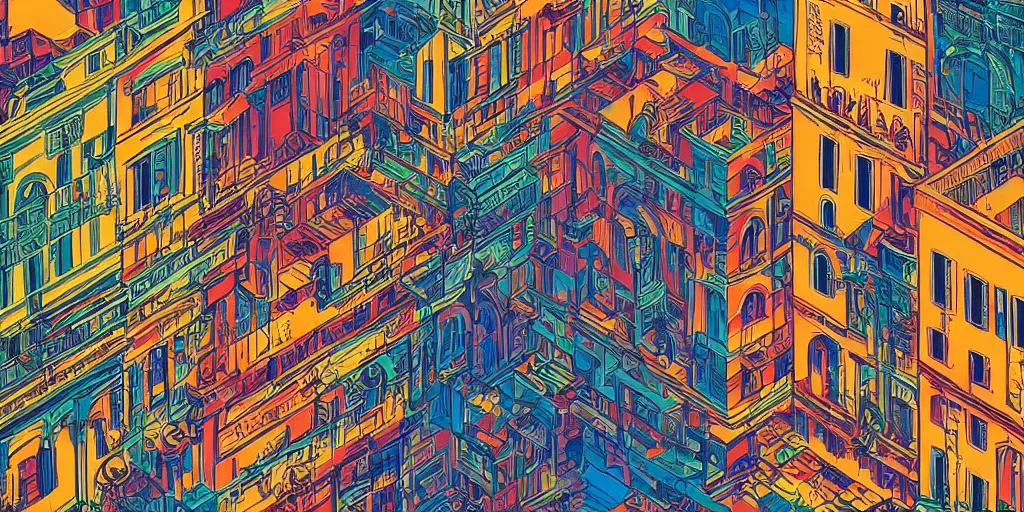 Image similar to !! photography isometric!! rome in a sunny day, artwork by tooth wu, colorful contrast,!!!! very coherent!!!!, dark shadow, thick lineart