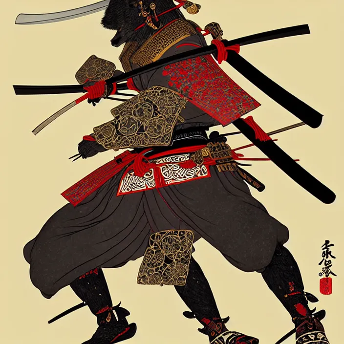 Image similar to anthropomorphic samurai bear, fantasy, intricate, highly detailed, lifelike, photorealistic, digital painting, artstation, illustration, concept art, smooth, sharp focus, art by kitagawa utamaro and ogata korin and aya takano