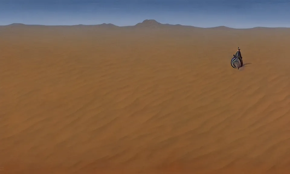 Prompt: A vast, empty desert with nothing but sand and a few shrubs in the style of Vladimir Kush