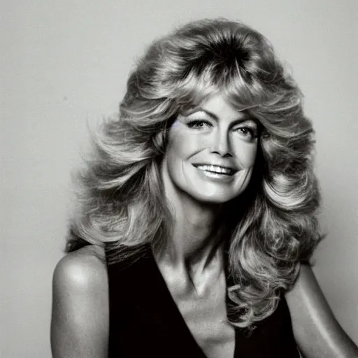 Image similar to farrah fawcett at 80 years old, studio photography