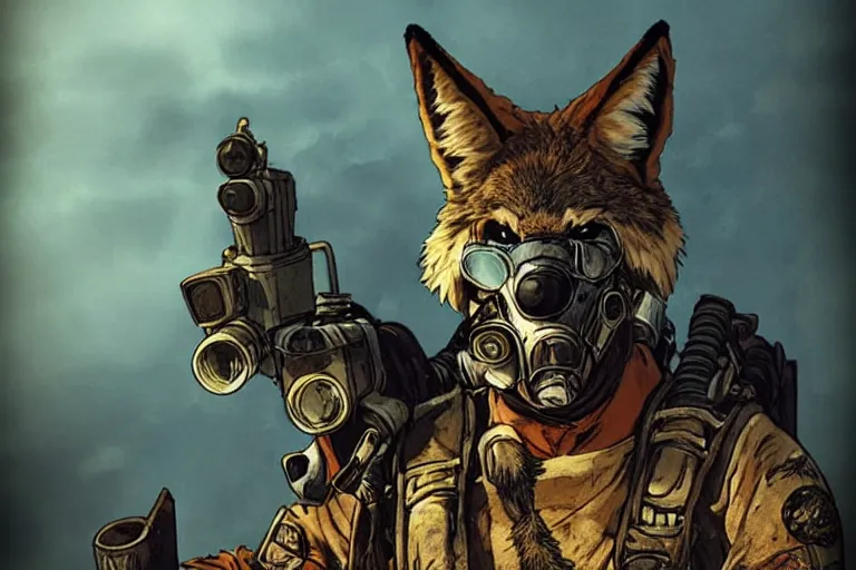 Image similar to a good ol'coyote fursona ( from the furry fandom ), heavily armed and armored facing down armageddon in a dark and gritty version from the makers of mad max : fury road. witness me.