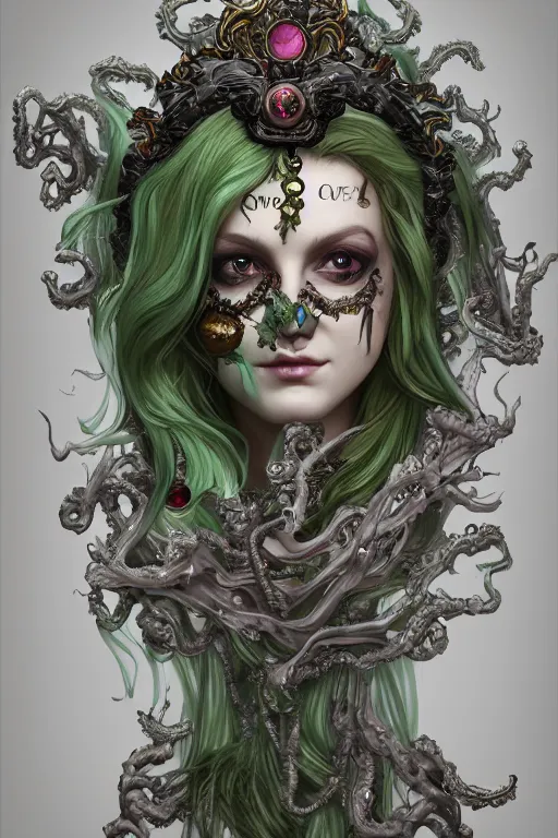 Image similar to rococo upper body portrait sigil with the intent of conquering the world lovecraftian undead zombie queen, green hair, by tian zi and wlop and alphonse mucha ornaments and gems hdr 8 k 3 d dslr hdr trending on artstation rendered with cryengine
